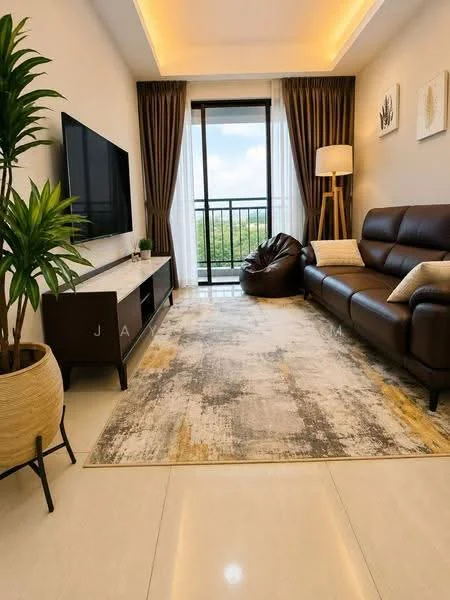 Living features: brown leather sofa, bean bag chair, TV mounted on wall, white TV console, area rug with abstract pattern, floor-to-ceiling windows, curtains in brown, lampshade floor lamp, potted plant, marble tile flooring, recessed ceiling lights; style: modern; view: garden.