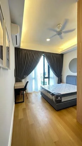 Bedroom features: queen-size bed, upholstered headboard, wooden flooring, floor-to-ceiling windows, grey curtains, 5-blade ceiling fan, wall-mounted air conditioning unit, study desk, black chair, decorative wall circle, lighted ceiling, natural light from window; style: modern; view: city.