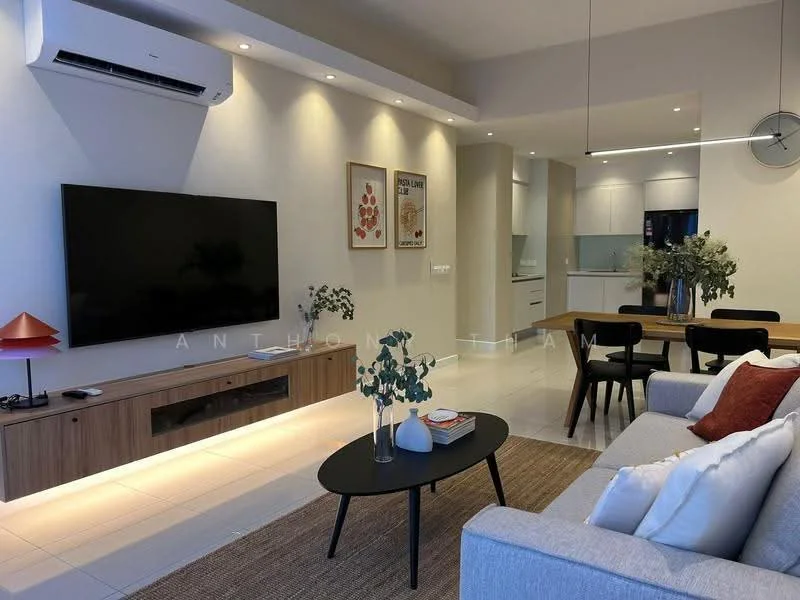 Living features: wall-mounted flat-screen TV, light wood TV console, grey fabric sofa, decorative cushions in white and red, black coffee table, area rug with neutral tones, dining table with four black chairs, pendant light fixture, recessed downlights, air conditioning unit, large windows with sheer curtains, decorative wall art, greenery in vase; style: modern.