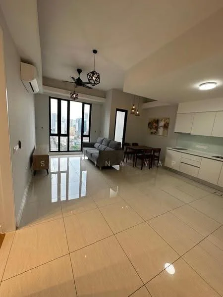 Living features: 3-seater fabric sofa in grey, coffee table, floor-to-ceiling windows, city view, 5-blade ceiling fan with light, recessed LED downlights, cream painted walls, polished ceramic tile flooring, air conditioning unit, decorative wall art; style: modern; view: city. Kitchen features: white cabinetry, built-in oven, stainless-steel sink, chrome pull-down faucet, ceramic tile backsplash, open shelving, refrigerator, countertop space; style: modern.