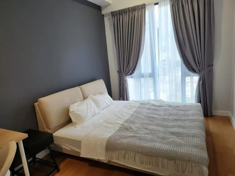 Bedroom features: king-size bed, upholstered headboard, white bedding, grey accent wall, floor-to-ceiling windows, sheer curtains, blackout curtains, wooden flooring, study desk, chair; style: modern; view: city.