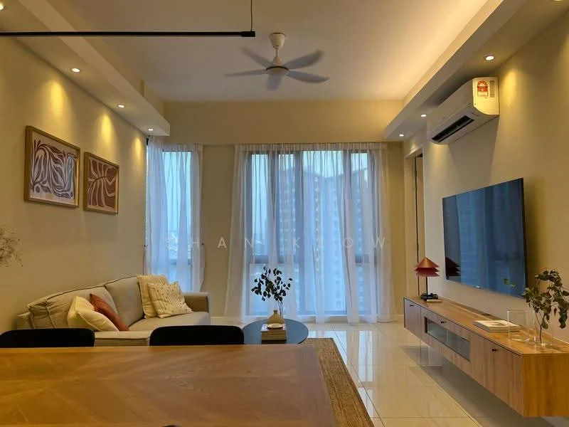 Living features: 3-seater fabric sofa in light grey, wooden coffee table, wall-mounted TV, TV console with wooden finish, floor-to-ceiling windows, sheer curtains, recessed downlights, ceiling fan, air conditioning unit, decorative wall art, area rug, indoor plant; style: modern; view: city.