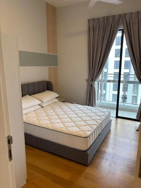 Bedroom features: queen-size bed, upholstered headboard, light grey bedding, wooden flooring, floor-to-ceiling windows, sheer curtains, balcony access, wall-mounted light fixture, wood panel accent wall; style: modern; view: city.