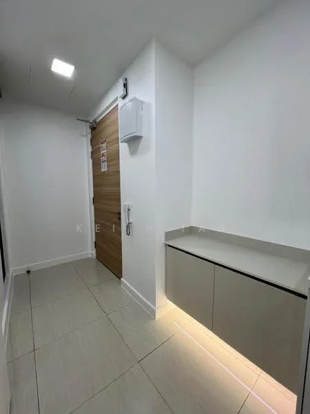 Room features: white painted walls, light-colored tile flooring, wooden door, built-in cabinet with lighted base, ceiling-mounted LED light, doorbell, wall-mounted intercom, neutral color scheme; style: modern.