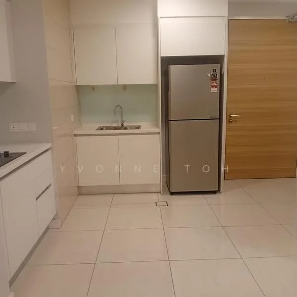 Kitchen features: white shaker cabinets, single-bowl stainless-steel sink, chrome pull-down faucet, grey granite countertop, built-in oven, stainless-steel fridge, ceramic tile flooring, white tiled backsplash, gas hob, recessed downlights; style: modern.