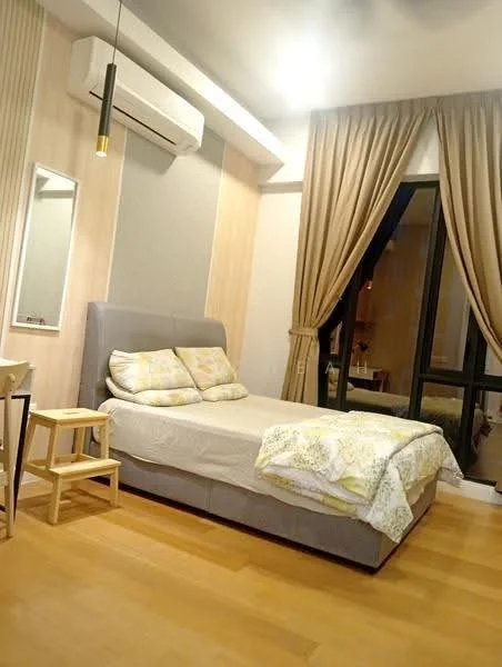 Bedroom features: king-size bed with upholstered headboard, bedding with floral pattern, 2 bedside tables, wall-mounted mirror, floor-to-ceiling windows, sheer curtains, drapes in beige, wooden flooring, wall-mounted split AC, decorative wall paneling; style: modern.