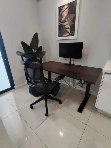 Study features: wood desk, ergonomic office chair, computer monitor, decorative plant, white walls, glossy tile flooring, natural light from window; style: modern.