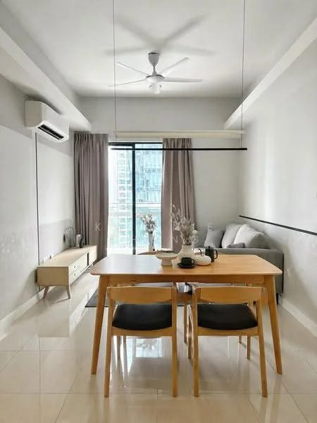 Dining features: dining table with wooden legs, 2 dining chairs with grey upholstery, pendant light fixture, 5-blade ceiling fan, wall-mounted split AC, floor-to-ceiling windows, sheer curtains, grey sofa, light-coloured sideboard, decorative vase on table, neutral wall colour, glossy tile flooring; style: modern; view: city.