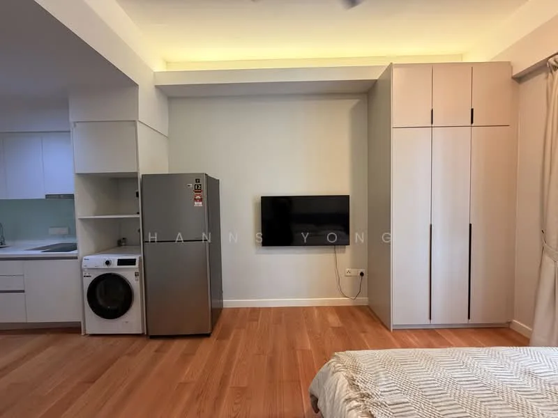 Room features: light wood flooring, white painted walls, built-in cabinetry, wall-mounted TV, stainless-steel fridge, front-load washing machine, open shelving, recessed lighting, ceiling fan; style: modern.