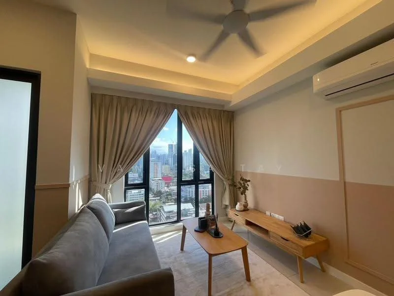 Living features: grey fabric sofa, wooden coffee table, floor-to-ceiling windows, sheer curtains, recessed downlights, 5-blade ceiling fan, light-colored walls, accent wall with beige paint, air conditioning unit; style: modern; view: city.