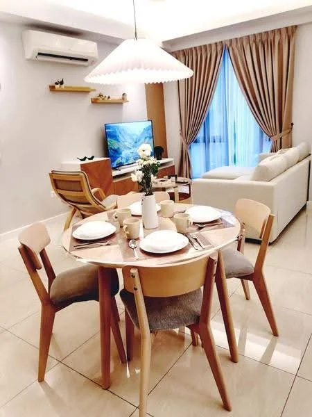 Dining features: round dining table, 4 wooden dining chairs with upholstered seats, white dinner plates, cream-colored cups, glass vase with flowers, pendant light fixture, air conditioning unit on wall, light grey walls, floor-to-ceiling window with sheer curtains, beige curtains, light-colored sofa in background, wall-mounted TV, wooden shelf on wall; style: modern.