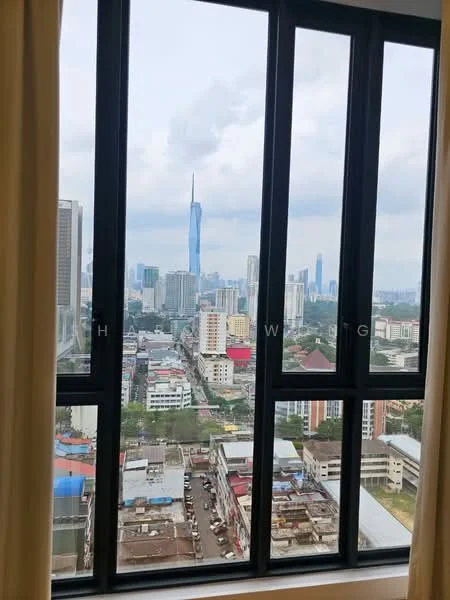 Room features: floor-to-ceiling windows, city skyline view, curtains, grey wall, light-colored flooring; style: modern; view: city.