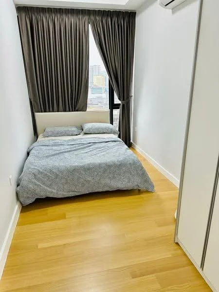 Bedroom features: queen-size bed with patterned bedding, floor-to-ceiling window with city view, dark grey curtains, light wood flooring, white painted walls, built-in wardrobe with sliding doors, air conditioning unit on wall; style: modern; view: city.