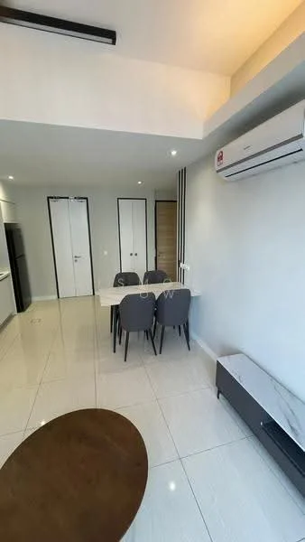 Dining features: white painted walls, glossy tile flooring, ceiling-mounted air conditioning unit, 4-seater dining table with marble top, grey upholstered dining chairs, wall-mounted TV console, recessed lighting, double doors leading to another room; style: modern.