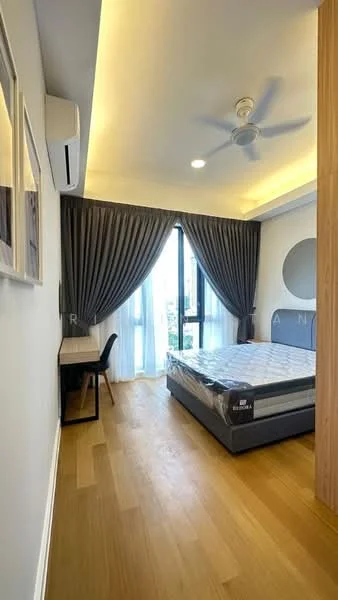 Bedroom features: queen-size bed, upholstered headboard, 2 bedside lamps, study desk, chair, floor-to-ceiling windows, sheer curtains, blackout curtains, 5-blade ceiling fan with light, wooden flooring, wall-mounted air conditioning unit, decorative wall art, built-in wardrobe; style: modern; view: garden.