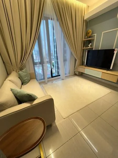 Living features: cream fabric sofa, light blue decorative cushions, wooden side table, large area rug, floor-to-ceiling windows, sheer curtains, TV console, wall-mounted TV, light wood cabinetry, recessed lighting, glossy tile flooring; style: modern; view: city.