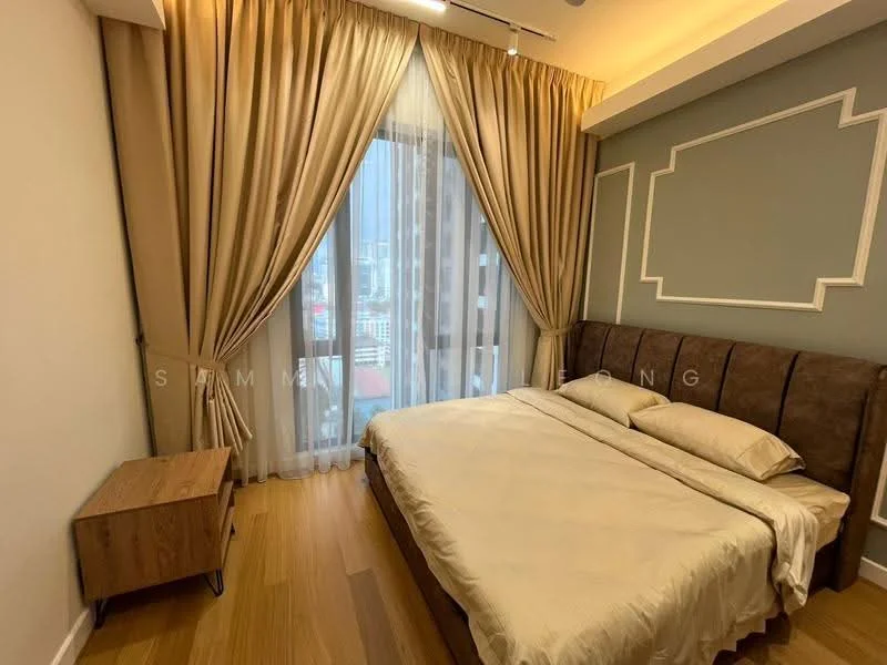 Bedroom features: queen-size bed with beige bedding, upholstered headboard in brown, wooden bedside table, floor-to-ceiling windows, sheer curtains, heavy drapes in beige, wooden flooring, accent wall in light grey, recessed ceiling lighting; style: modern; view: city.