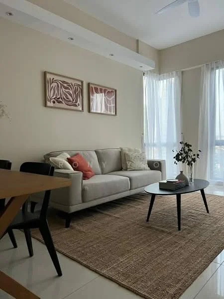 Living features: 3-seater fabric sofa in light grey, decorative cushions in coral and cream, round black coffee table, area rug with natural fiber texture, wall-mounted artwork with abstract design, floor-to-ceiling windows with sheer curtains, ceiling fan, light-colored painted walls, wooden dining table with black chairs; style: modern; view: city.