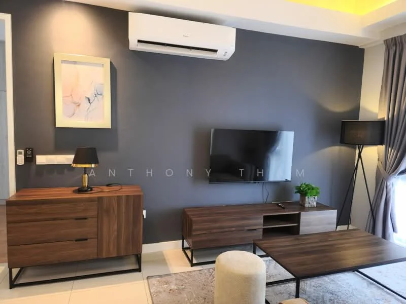 Living features: wall-mounted TV, wooden TV console, wooden sideboard, black floor lamp, light-colored area rug, cream upholstered ottoman, air conditioning unit, grey accent wall, recessed ceiling lights; style: modern.