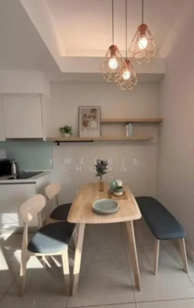 Dining features: wooden dining table, 3 wooden dining chairs, upholstered bench seating, pendant lighting with geometric design, light grey walls, open shelving above the table, kitchenette area visible in background, ceramic tile flooring; style: modern.