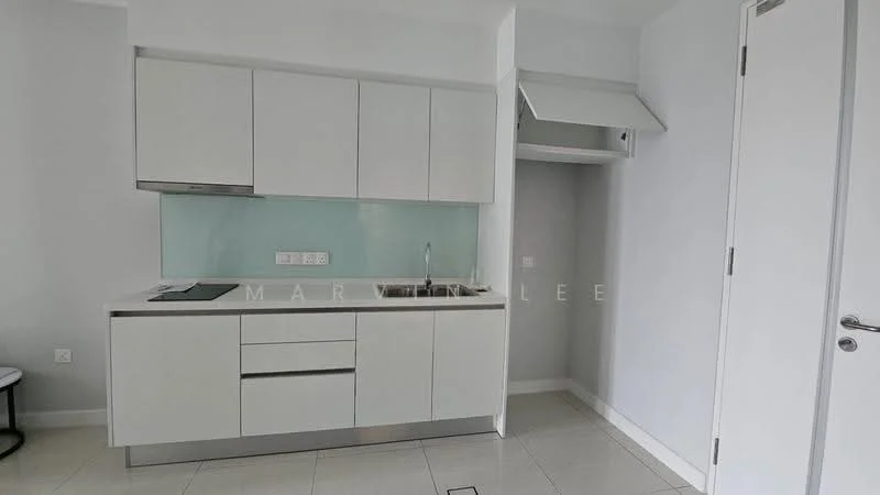 Kitchen features: white cabinetry, stainless-steel handles, glass backsplash, single-bowl stainless-steel sink, chrome pull-down faucet, built-in electric cooktop, countertop with integrated storage, tile flooring, wall-mounted cabinet, open shelving, neutral wall color; style: modern.