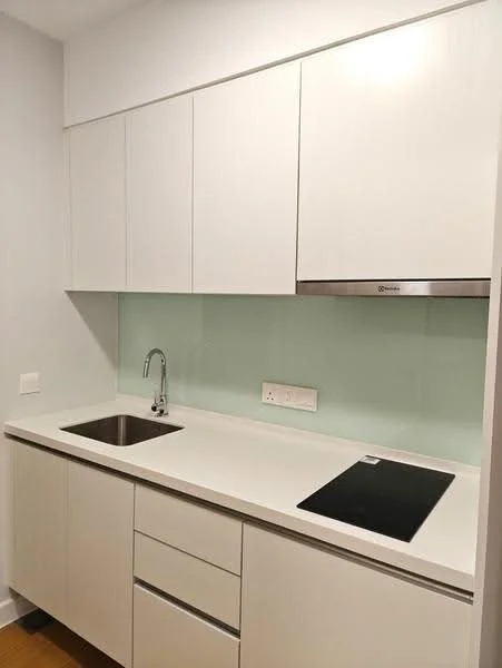 Kitchen features: white cabinetry, stainless-steel sink, chrome pull-down faucet, white quartz countertop, glass backsplash, built-in induction cooktop, under-cabinet lighting, drawer storage, open shelving; style: modern.