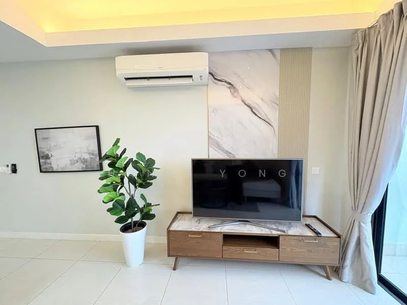 Living features: wall-mounted TV, wooden TV console, marble accent wall, air conditioning unit, large window with sheer curtains, indoor plant in white pot, light-colored tiled flooring, recessed ceiling lighting; style: modern.