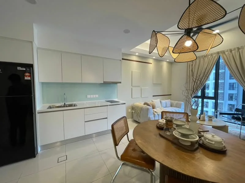 Kitchen features: white cabinetry, light green backsplash, stainless-steel sink, chrome faucet, built-in oven, black refrigerator, ceramic tile flooring, recessed downlights, open-plan layout, breakfast bar, wooden dining table, upholstered dining chairs, decorative pendant light; style: modern. Living features: sofa in light fabric, coffee table, floor-to-ceiling windows, curtains, area rug; style: modern; view: city.