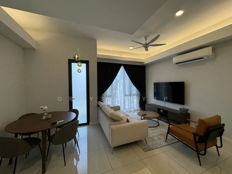 Living features: 5-blade ceiling fan with light, recessed downlights, floor-to-ceiling windows, blackout curtains, light grey walls, white ceiling, white sofa, orange accent chair, wooden coffee table, TV console, wall-mounted TV, area rug, dining table with 4 chairs; style: modern; view: city.