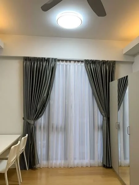Room features: floor-to-ceiling windows, sheer white curtains, grey drapes, light wood flooring, round ceiling light, ceiling fan, mirror wardrobe, dining table with white chairs; style: modern.