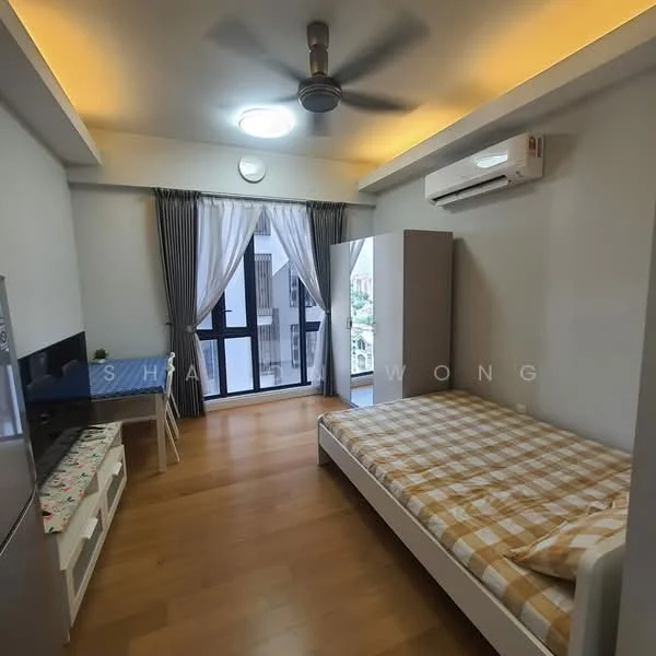 Bedroom features: single bed with checkered bedding, wooden flooring, ceiling fan, wall-mounted air conditioning unit, floor-to-ceiling windows, sheer curtains, built-in wardrobe, study desk, chair, refrigerator, light fixture in ceiling; style: modern.