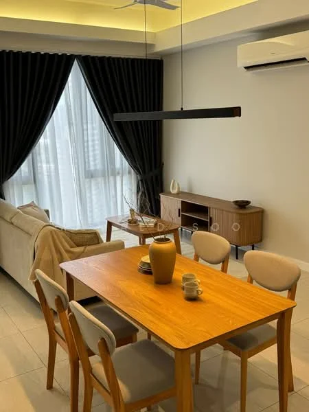 Dining features: wood dining table, 4 upholstered dining chairs, decorative vase on table, ceramic cups on table, light-colored wall, dark curtains, floor-to-ceiling windows, ceiling fan with light, wooden sideboard, neutral-colored sofa, wall-mounted air conditioning unit; style: modern; view: city.