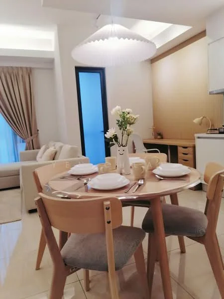 Dining features: round dining table, 4 wooden dining chairs, white plates, cutlery, decorative vase with flowers, pendant light fixture, cream curtains, wooden cabinetry, light-colored tiled flooring, wall-mounted cabinet, floor-to-ceiling window; style: modern. Living features: fabric sofa in light color, area rug, wall-mounted TV, wooden side table; style: modern.