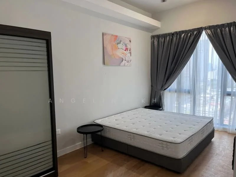 Bedroom features: queen-size bed frame without mattress, light wood flooring, grey curtains, floor-to-ceiling windows, wall-mounted artwork, black bedside table, built-in wardrobe with frosted glass doors, recessed ceiling lights; style: modern; view: city.