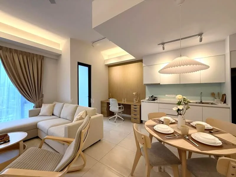 Living features: L-shape sectional sofa in light beige, wooden armchair, round wooden dining table, 4 upholstered dining chairs, pendant lamp with white shade, light wood cabinetry, glass backsplash, built-in kitchen appliances, recessed ceiling lights, floor-to-ceiling windows, curtains in light beige, neutral tile flooring, study desk with chair; style: modern; view: city.