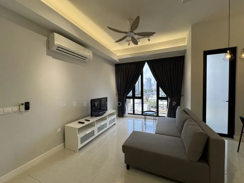 Living features: grey fabric sofa, coffee table, wall-mounted TV, white TV console, 5-blade ceiling fan with light, floor-to-ceiling windows, blackout curtains, white painted walls, marble tile flooring, recessed downlights; style: modern; view: city.