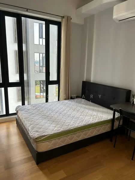 Bedroom features: queen-size bed, black wooden bed frame, light wood flooring, floor-to-ceiling windows, sheer curtains, air conditioning unit, study desk, black chair, neutral grey painted walls; style: modern; view: city.
