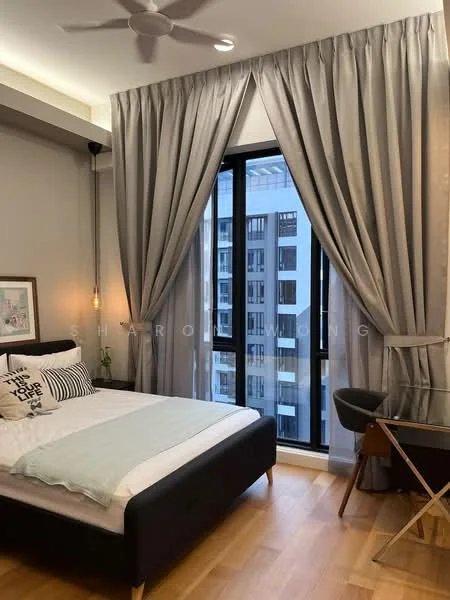Bedroom features: queen-size bed with upholstered headboard, decorative throw pillows, bedside table with lamp, floor-to-ceiling windows, grey curtains, wooden flooring, ceiling fan, study desk with chair, wall art, light-colored bedding, nightstand; style: modern; view: city.