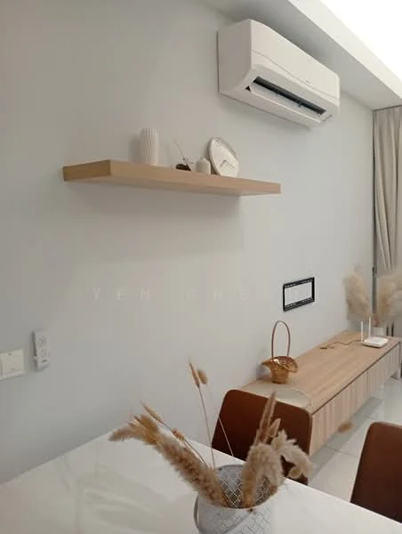 Dining features: white walls, shelf with decorative items, wall-mounted air conditioning unit, wooden sideboard, dining table, brown upholstered dining chairs, decorative vase with dried flowers, neutral-colored curtains; style: modern.