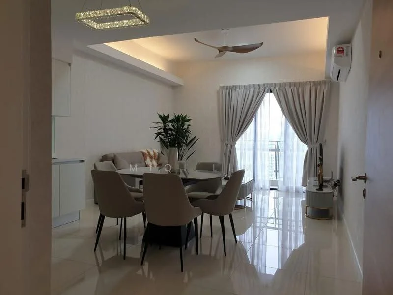 Dining features: round dining table, upholstered dining chairs, 5-blade ceiling fan with light, floor-to-ceiling windows, sheer curtains, white painted walls, marble tile flooring, indoor plant in ceramic pot, recessed downlights; style: modern; view: city.