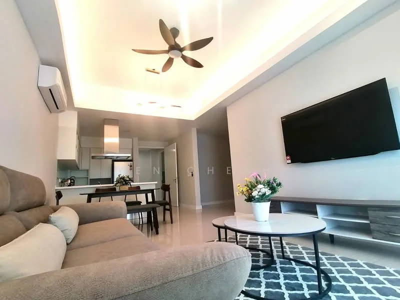 Living features: 3-seater fabric sofa in beige, coffee table, wall-mounted TV, entertainment unit, area rug with geometric pattern, 5-blade ceiling fan with light, recessed downlights, white painted walls, polished tile flooring, air conditioning unit; style: modern. Kitchen features: kitchen island, stainless-steel range hood, built-in oven, freestanding range oven, microwave, kitchen cabinetry, countertop, open shelving; style: modern.