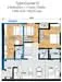 Floor plan: 3-bedroom 2-bathroom unit; features: open-plan kitchen-dining-living, master bedroom with ensuite bathroom, bedroom 2 with shared bathroom, utility room, balcony off living room, central foyer, 2 car porch, 1,200 sqft built-up.