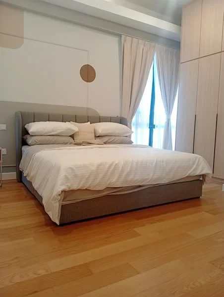 Bedroom features: king-size bed with upholstered headboard, white bedding, light wood flooring, floor-to-ceiling windows, sheer curtains, built-in wardrobe with sliding doors, decorative wall with geometric patterns, nightstand with lamp; style: modern.