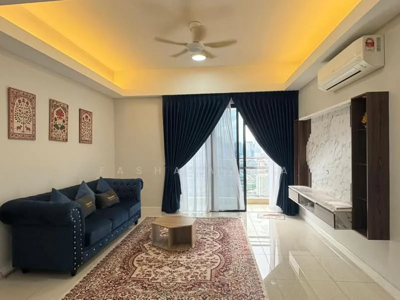 Living features: blue fabric 3-seater sofa with studded detailing, wooden coffee table, area rug with intricate pattern, wall-mounted TV console, marble feature wall, floor-to-ceiling windows, sliding glass door, sheer curtains, recessed ceiling lights, ceiling fan with light, decorative wall art; style: modern; view: city.
