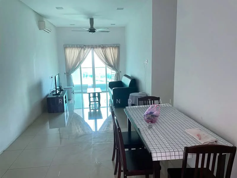 Living features: white painted walls, glossy tile flooring, 5-blade ceiling fan with light, sofa in dark color, TV console, wall-mounted TV, floor-to-ceiling windows, sheer curtains, dining table with checkered tablecloth, 4 dining chairs, decorative items on table; style: modern; view: city.