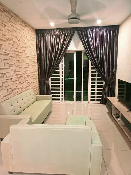 Living features: light green fabric sofa, 2-seater sofa, 3-seater sofa, flat-screen TV on wall-mounted console, stone accent wall, glossy tiled flooring, recessed ceiling lights, ceiling fan, floor-to-ceiling sliding glass door, dark purple curtains, white walls; style: modern; view: city.