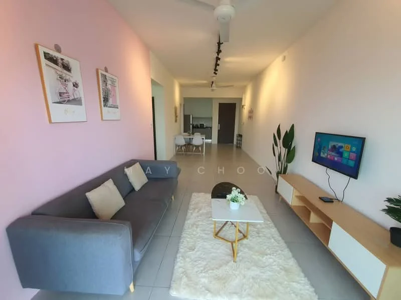 Living features: grey fabric sofa, coffee table with gold legs, area rug with fluffy texture, wall-mounted TV, light-colored TV console, white walls, pink accent wall, ceiling fan, decorative houseplants, framed artwork on walls; style: modern.