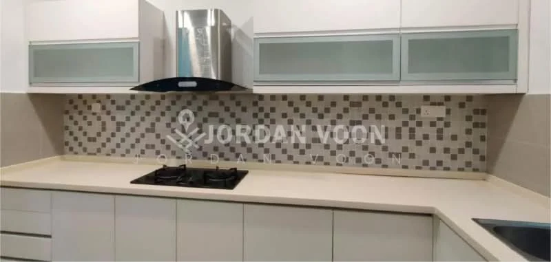 Kitchen features: white cabinetry with glass-front upper cabinets, light-colored countertop, mosaic tile backsplash with grey and white patterns, stainless-steel range hood, 4-burner gas hob, single-bowl stainless-steel sink, built-in cabinetry, under-cabinet lighting; style: modern.
