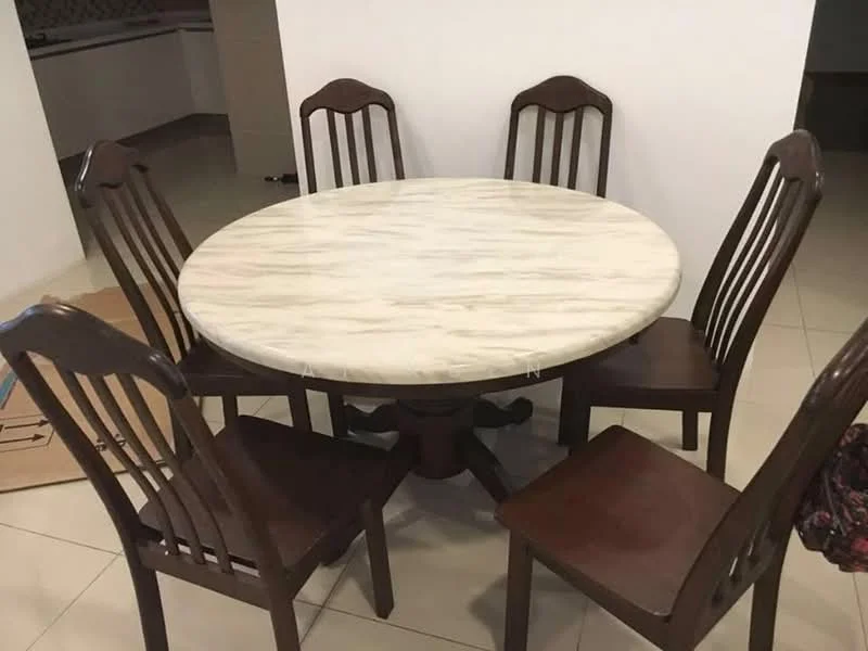 Dining features: round marble dining table, 6 wooden dining chairs, light-colored tiled flooring, white painted walls, neutral color scheme; style: modern.