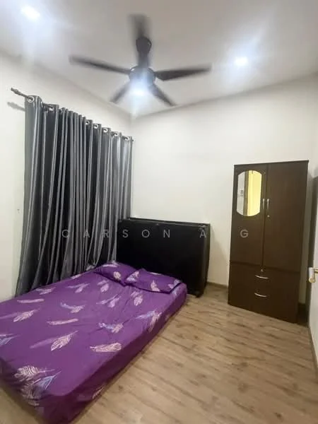 Bedroom features: queen-size bed with purple floral bedding, wooden wardrobe with mirror, ceiling fan, laminate flooring, white painted walls, black headboard, curtains in grey, recessed ceiling lights; style: modern.